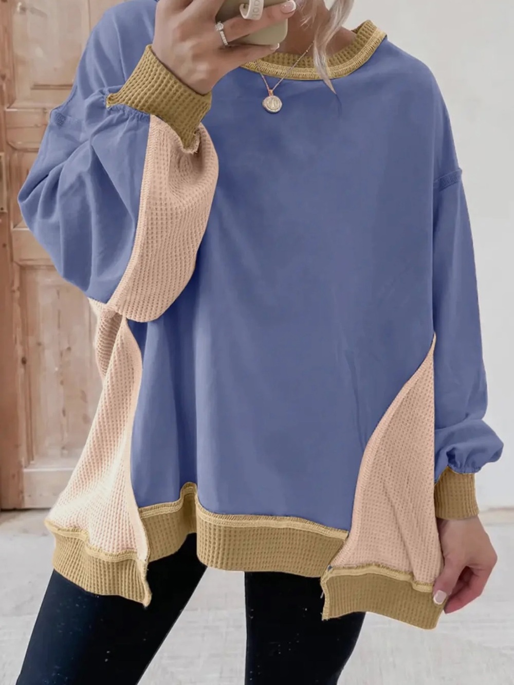 Colorblock Oversized Pullover - Periwinkle, Beige & Olive Trim